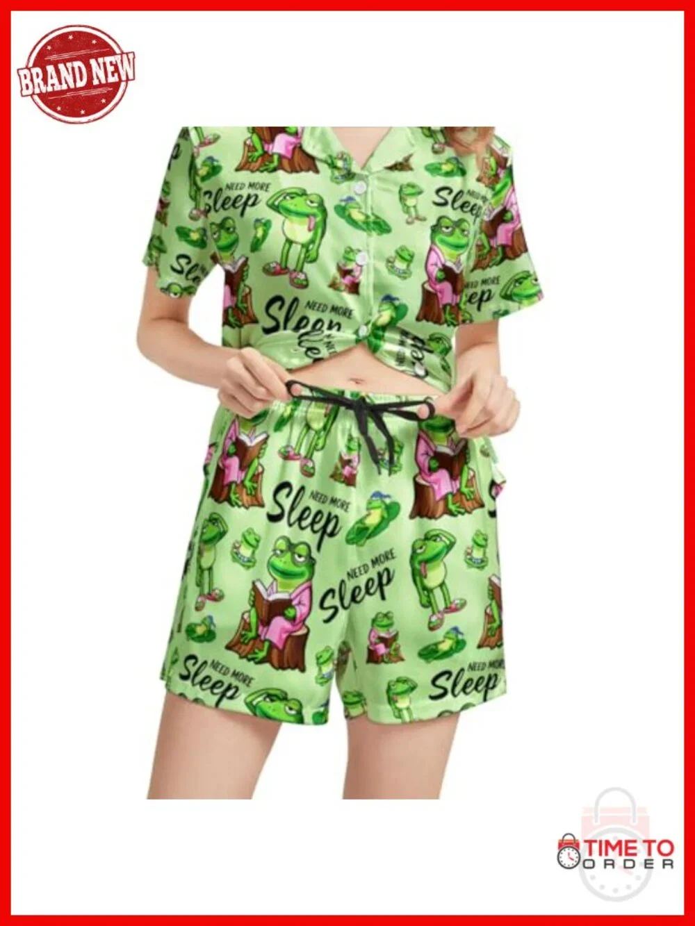 Funny Frog Print Pajama Set Short Sleeve Button Down Sleepwear Lounge Set